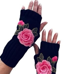 Black Knit Gloves with Pink Rose Embroidery Detail Fingerlesss One Size